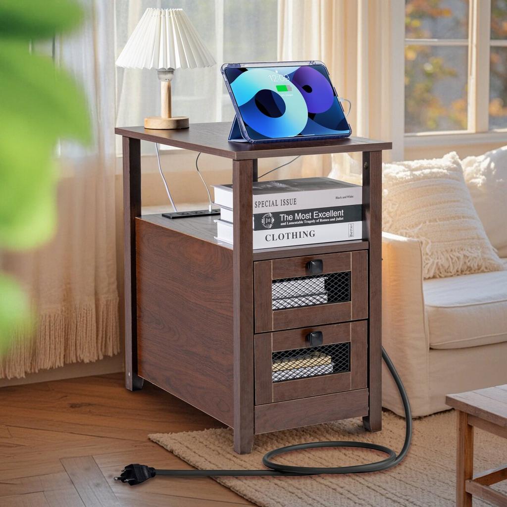 Farmhouse End Table Narrow Night Stand with USB Ports and Outlets Brown