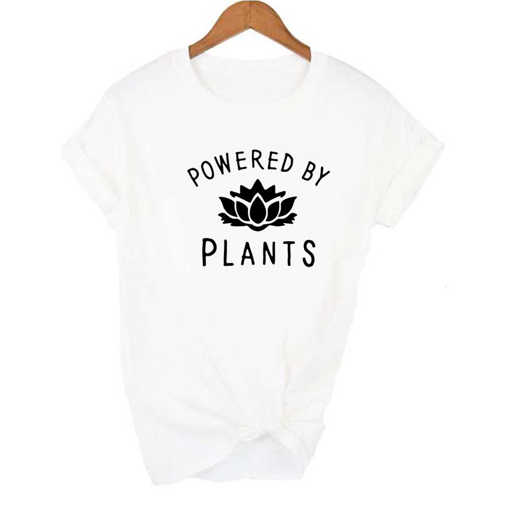 Powered By Plants Women T Shirt Round Neck Vegan Gift Shirts Graphic Tee Garden Vegetable Tumblr
