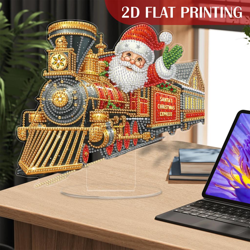 2D Flat Print Xmas Train And Santa Claus DIY Table Top Diamond Painting Ornament