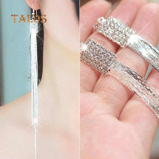 Luxuriöse quadratische Strass-Tropfen-lange Quasten-Kettenhaken-baumelnde lineare Ohrringe für Party