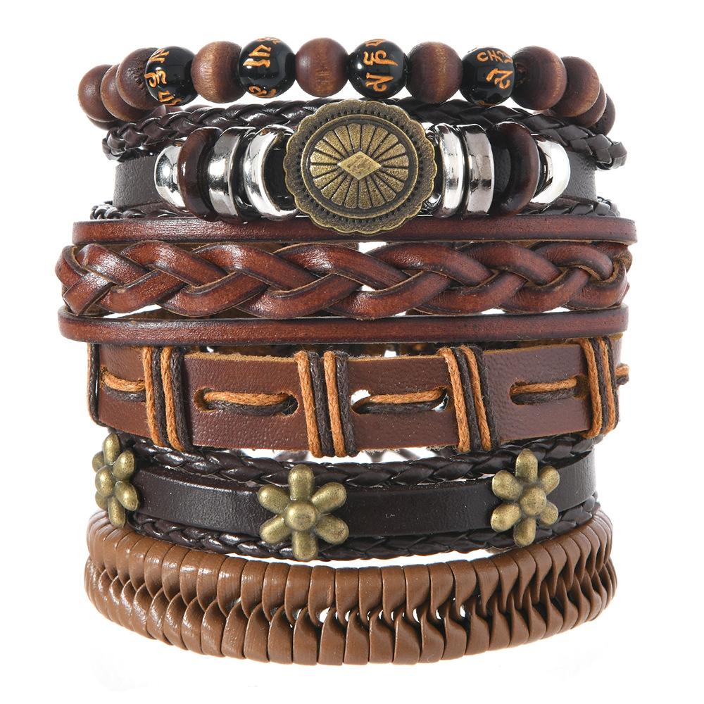 Leather Bracelets for Men Women Handmade Wrap Woven Cuff Bracelets Wooden Beaded Bracelets Vintage Ethnic Tribal Wristbands Bracelet Set Adjustable