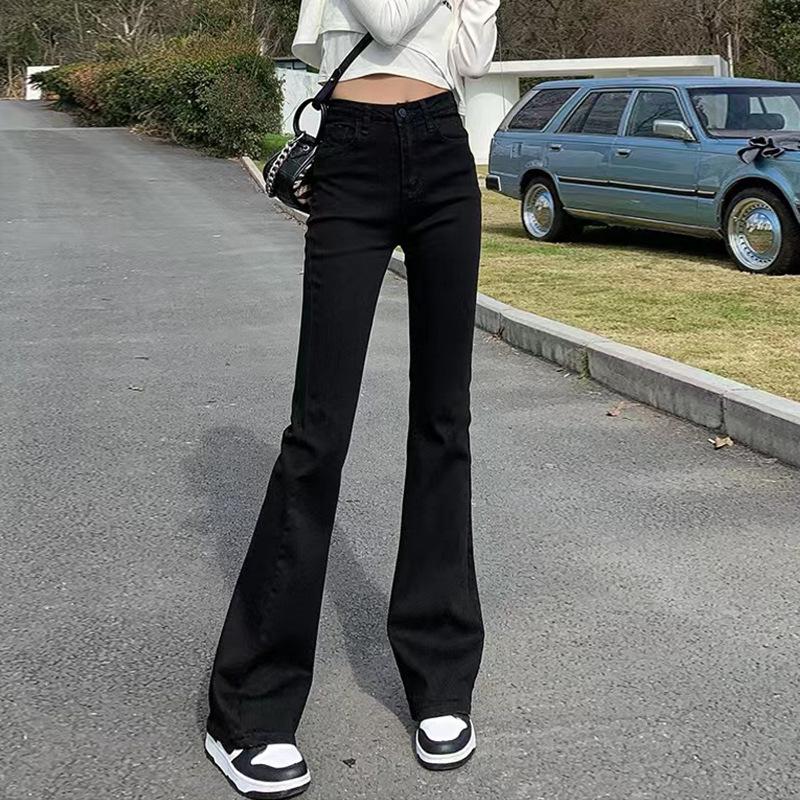 

Женские джинсы микро-клеш с высокой посадкой, черные, весна 2025 - Утягивающие стрейчевые расклешенные брюки в корейском стиле Small чёрный