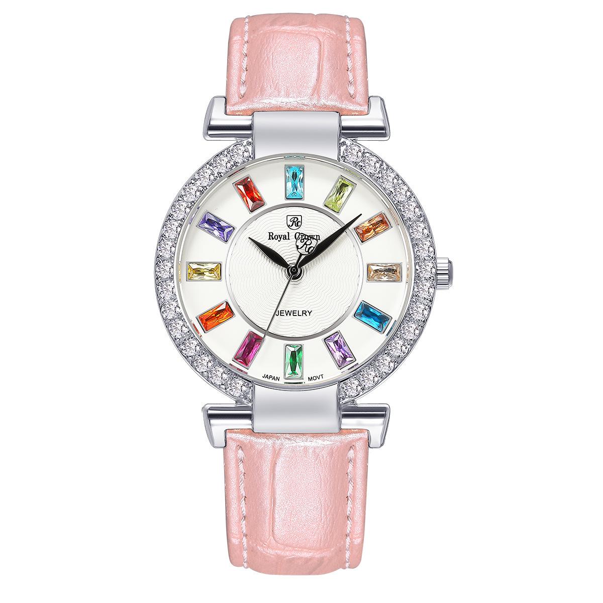 

Женские модные часы Royal Crown с разноцветными цирконами и бриллиантами, повседневный кожаный ремешок