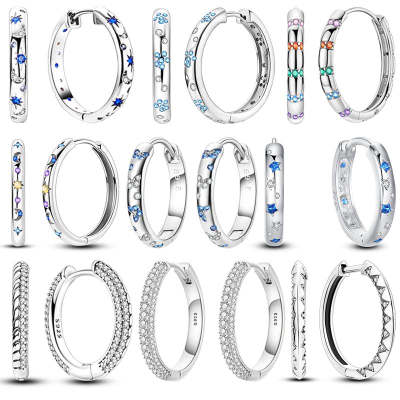 HOT SALE 2025 Sparkling Zircon Star Moon Sun Hoop Earrings 925 Silver Circle Round Earrings for Women Wedding Engagement Jewelry