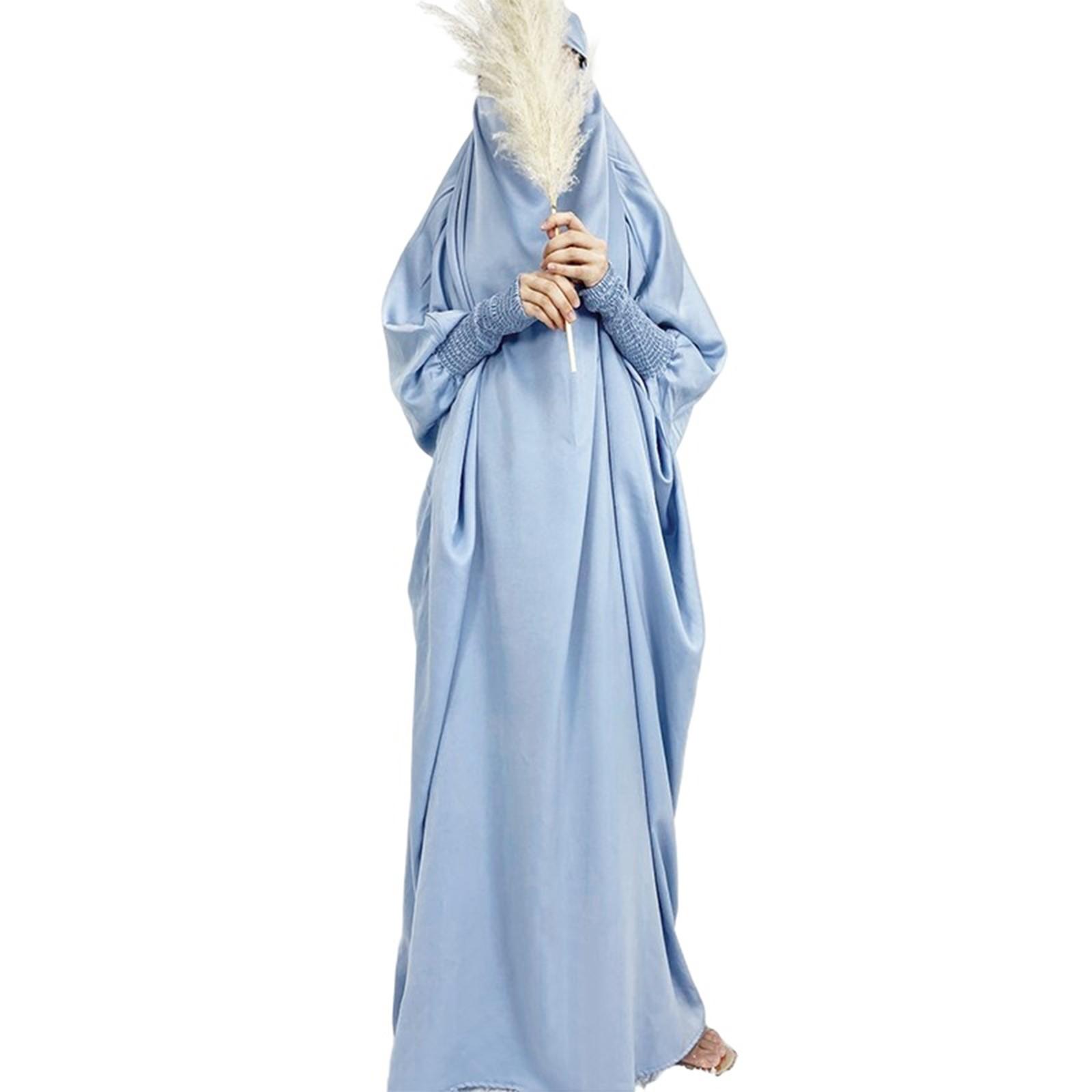 

Длинные платья для мусульманок больших размеров, однотонное повседневное платье с длинными рукавами и эластичными рукавами (Хиджаб включен) One Size небесно-голубой