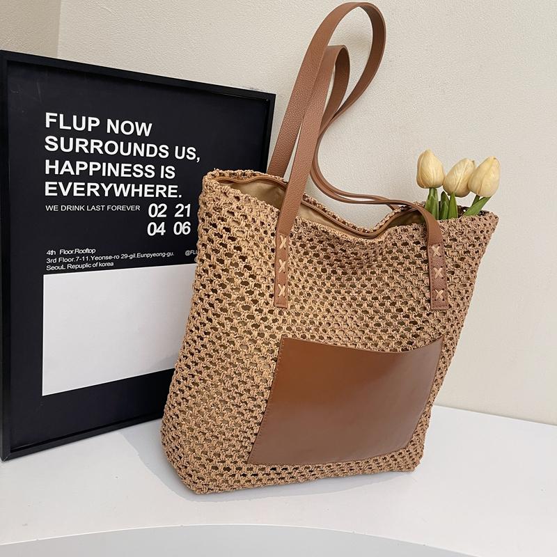 Woven Tote Bag for Women Summer Beach Handbag with Faux Leather Strap Fashion Casual Carryall