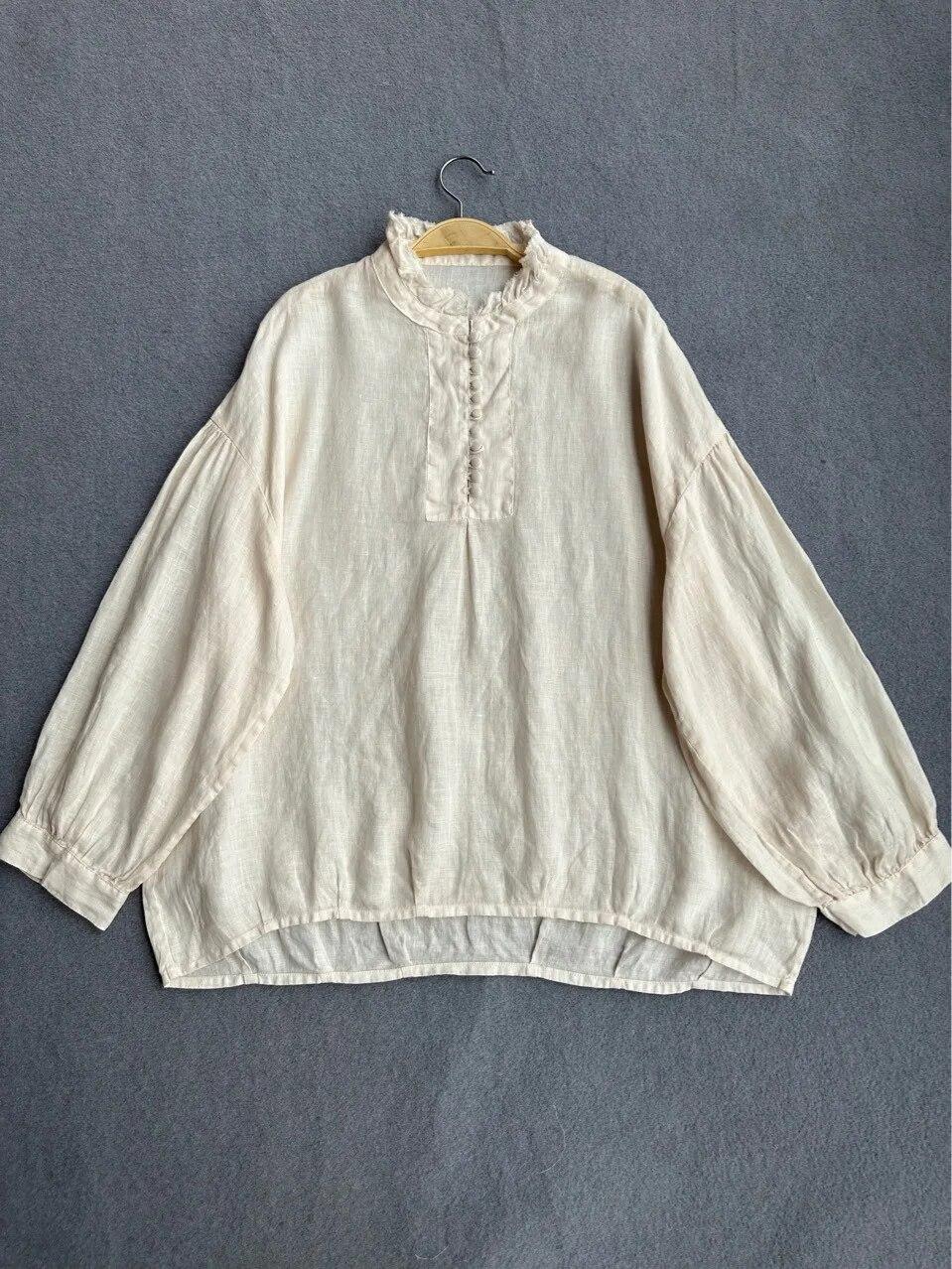 

Johnature японские винтажные женские топы с оборками и воротником, летние повседневные однотонные блузки с пуговицами нерегулярной формы One Size бежевый