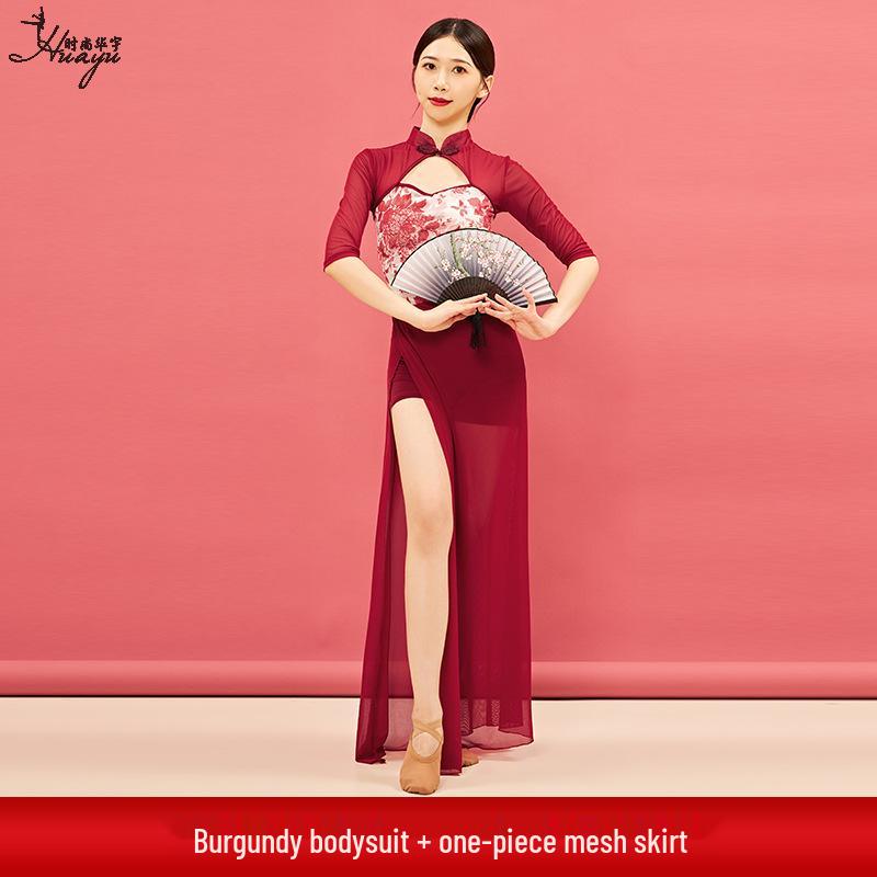 

2025 Summer Sexy Chinese Style Dance Costume with Stand Collar & Frog Buttons, Classical Mesh Performance & Practice Wear M