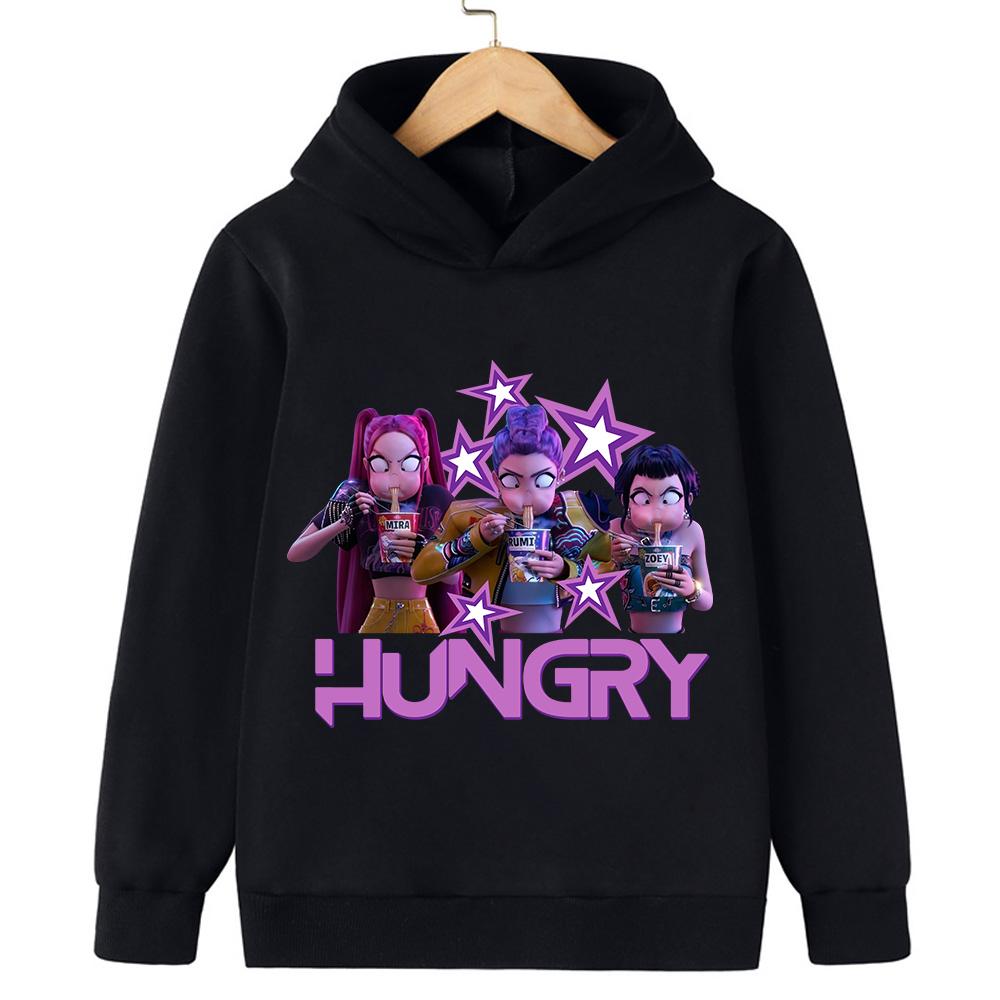 KPop Demon Hunter Cartoon Girls boy Hooded Sweatshirt Warm Children's Korean Wave Fashion Casual Tops Casual Black Pink Clothing