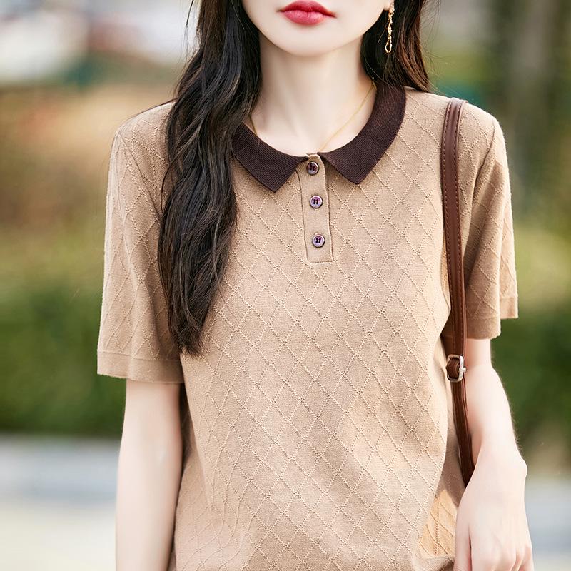 Women's Summer Short-Sleeve Cotton Polo with Contrast Collar