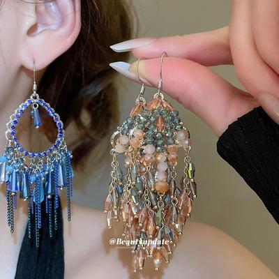 Retro Ethnic Feng Shui Drop Chain Crystal Fringed Ear Hook Fashion Versatile Earrings Exquisite Light Luxury High-end Earrings