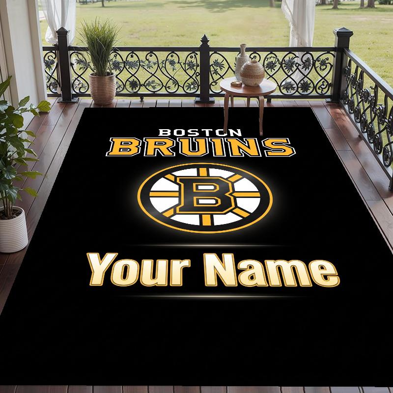 Custom Name Boston Bruins Crystal Velvet Floor Rug Personalized Text Soft Carpet Home Decor
