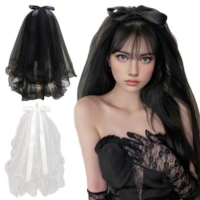1Pc Wedding Ribbon Hair Accessories Double Layer Bowknot Face Covered Mesh Cosplay With Comb Bridal Pearl Head Veils Short Veil