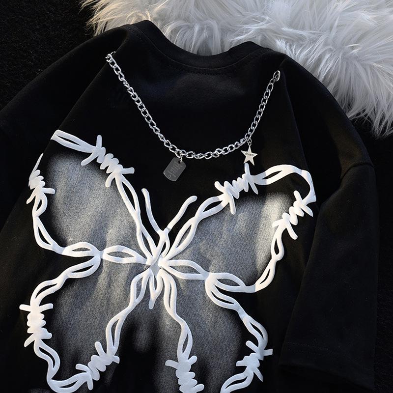 

Женская летняя футболка из хлопка с ретро-ожерельем-бабочкой – винтажный европейский и американский стиль для пар L чёрный