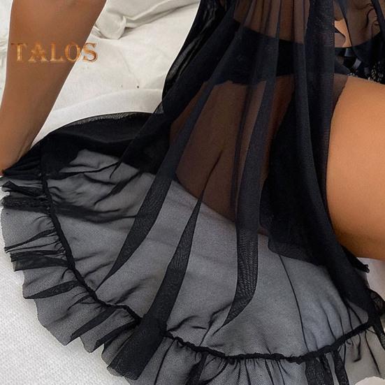 2 Pcs/Set Nightdress Panties Set Hollow Out Lace V Neck Spaghetti Strap See-through Mesh Ruffle Bow High Waist Underpants Set