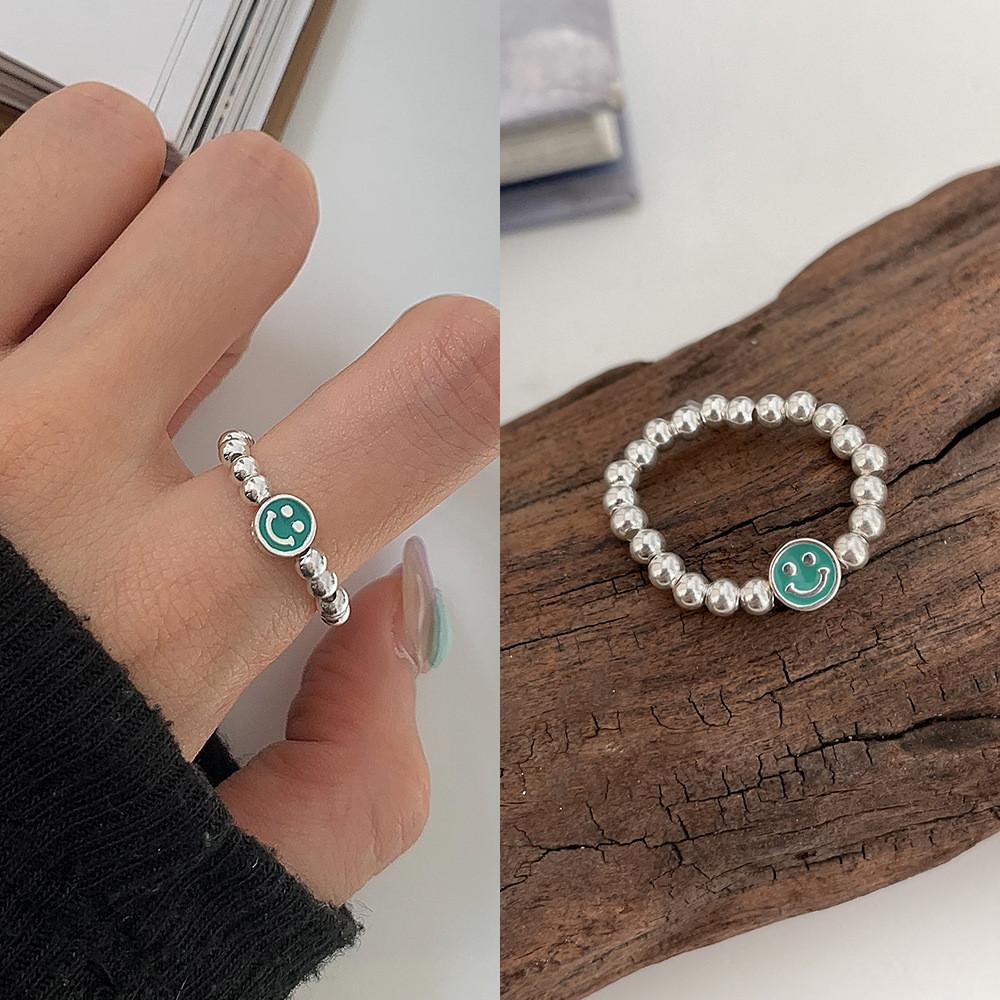 

Fashionable S925 Silver Smiley Face Bead Ring For Women Chic Geometric Jewelry Style J3022