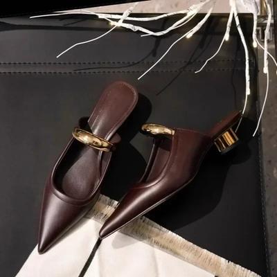 Punk Gothic Metal Buckle Low Heels Sandals Women  New Pointed Toe Thick Heeled Summer Slippers Woman Platform Muller Shoes