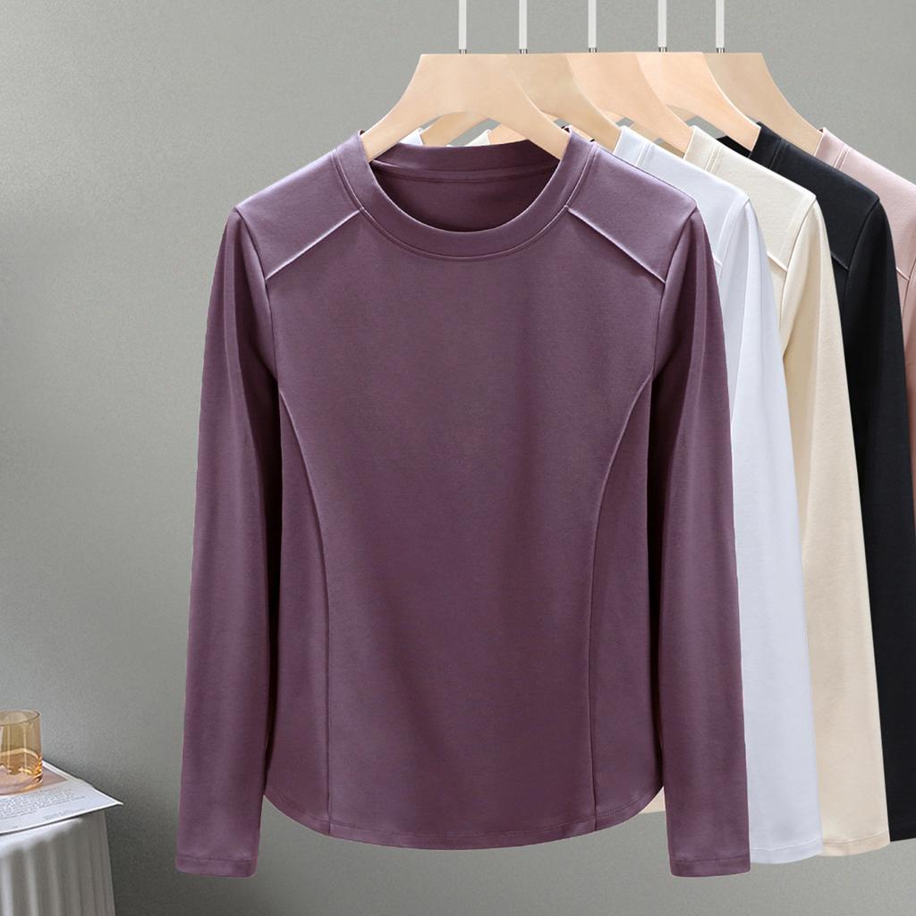 Rundhals mercerisierte Baumwolle langärmlig Damen Herbst neu Bogen Saum mit unterer Taille Slim Top