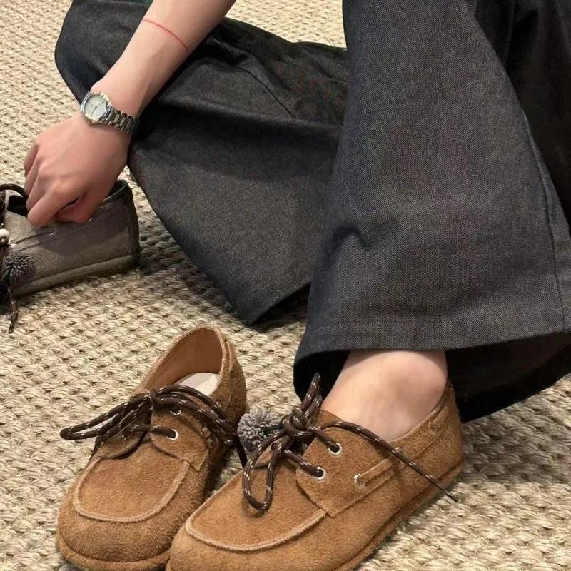 Fashion 2025 Autumn New Style Kangaroo Shoes Women's Slip-On Flat Bottom Lace-Up Detachable Pendant Loafers Casual Comfortable Footwear