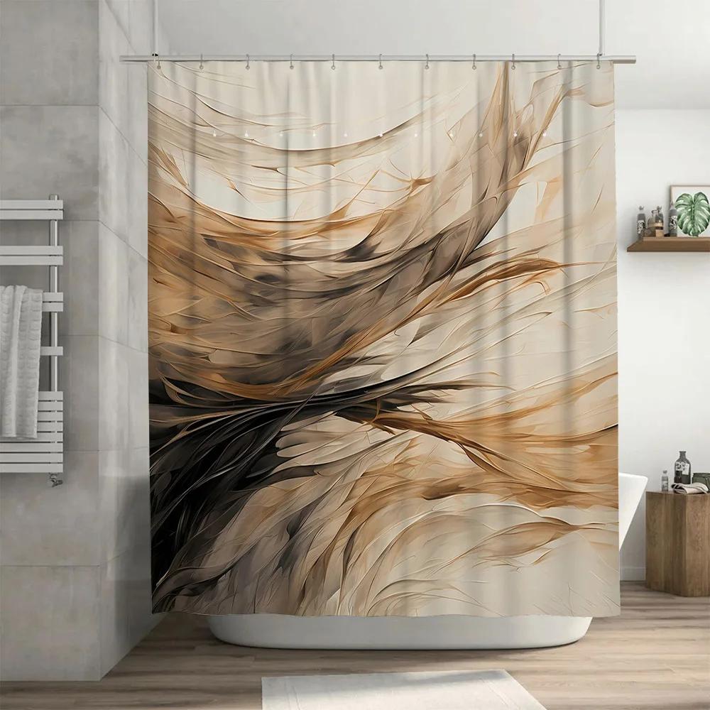 Tenda Doccia Astratta Moderna Beige Marrone Bianco Vortici Decorazione Bagno Per Casa Tessuto Impermeabile Pannelli Doccia Con Anelli 72 X
