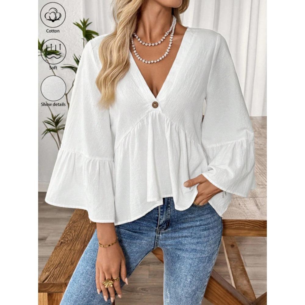 New Solid-color V-neck Lotus Leaf Sleeve Top for Women in Spring and Summer