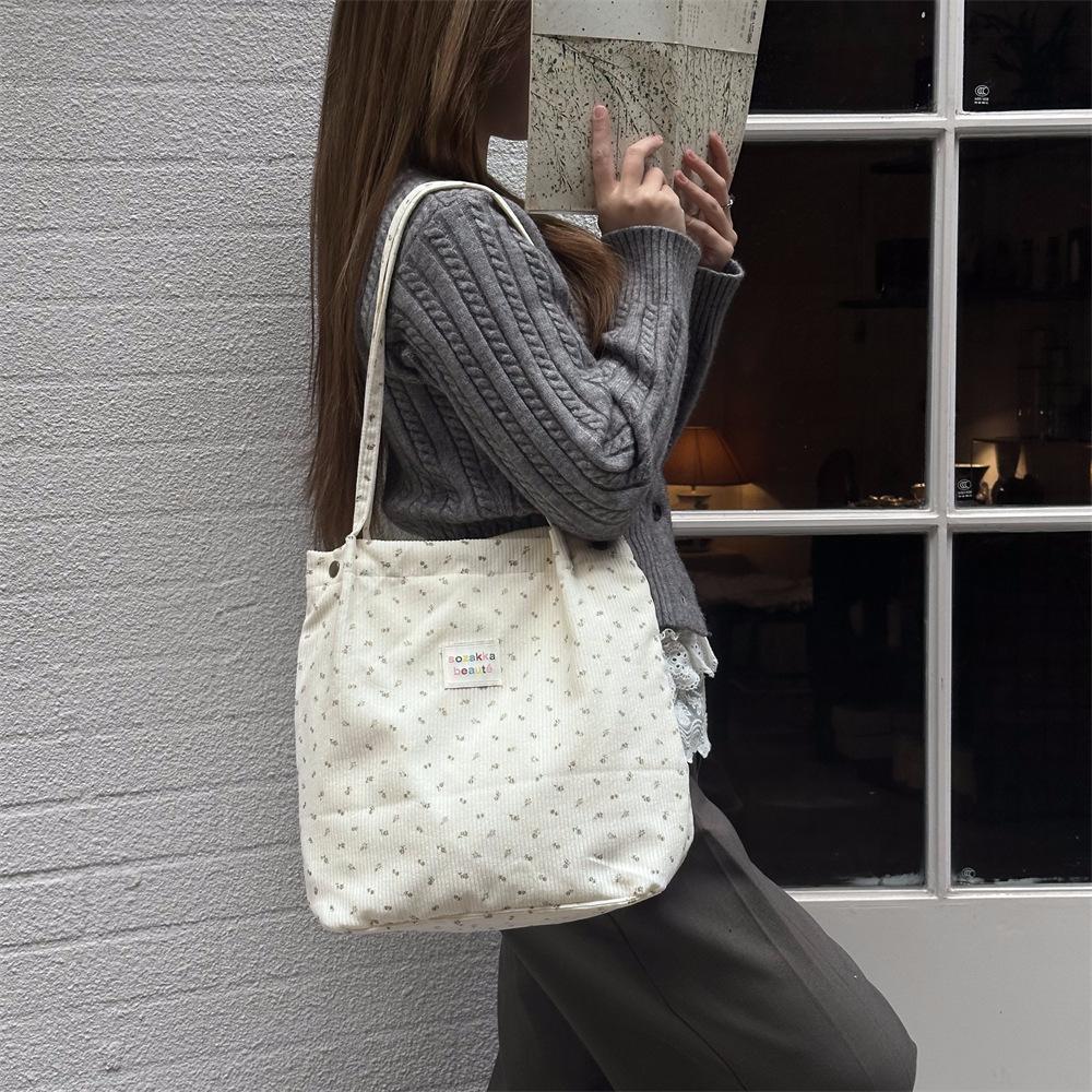 Fresh Floral Corduroy Women's Shoulder Bags Fashi Ctrast Color Ladies Handbag Versatile Large Capacity Female Shopping Bag