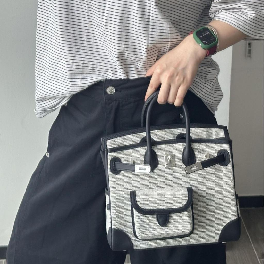 Swift Cowhide Patchwork Canvas Pocket Platinum Bag 25cm Color-blocked Handbag High-end One-shoulder Crossbody Women's Bag