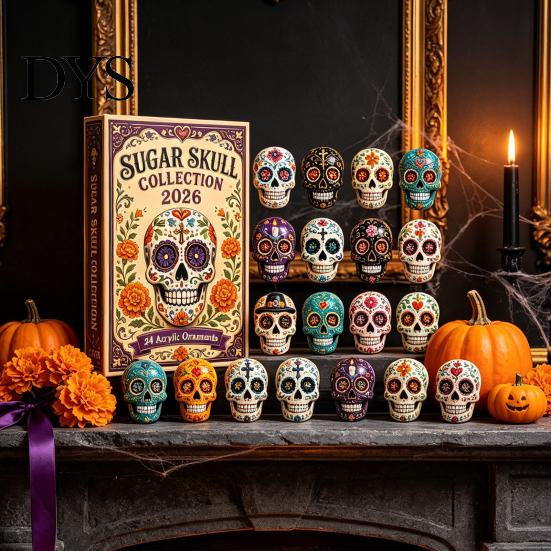 Skull Flower Advent Day of The Dead Calendar, 24-Day Acrylic Ornament Set with Gothic Holiday Countdown Gift And Marigold Designs, Halloween