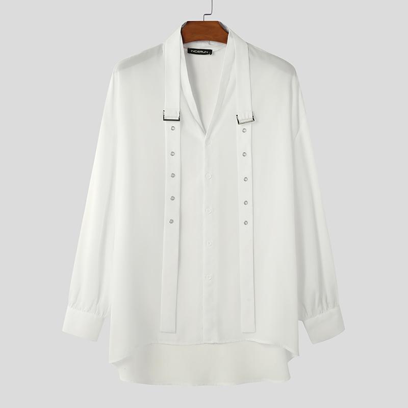 

INCERUN свободные мужские рубашки с длинным рукавом и ремнем на пуговицах повседневные рубашки с высоким и низким кроем 2XL белый