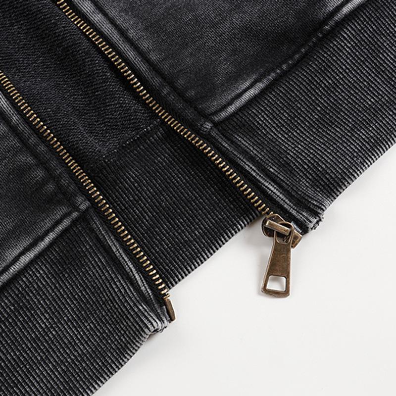 Oversized 350g Cotton Distressed Zip-Up Hoodie - Large, Drop Shoulder, Retro Washed Terry Cardigan