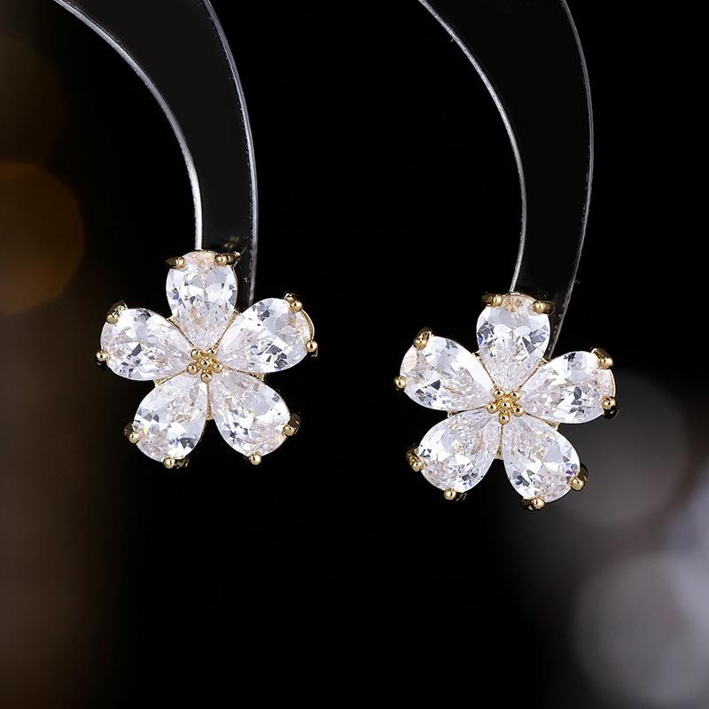 925 Silver Korean-Style Zircon Stud Earrings: Five-Petal Flower Design