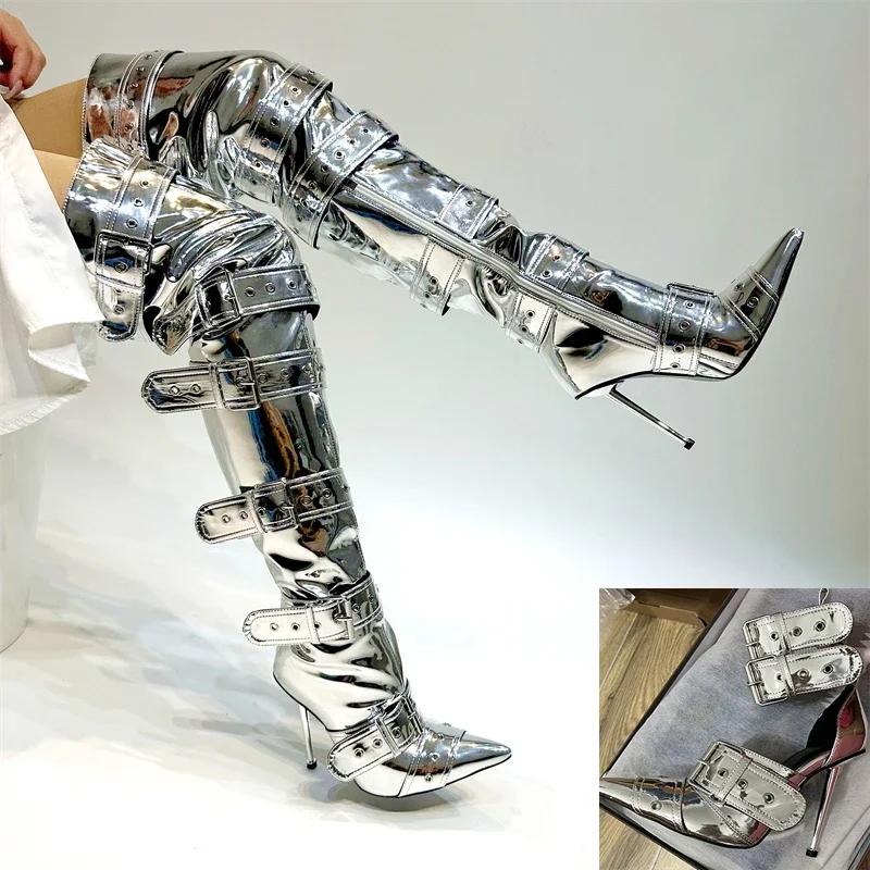 Mode Blaue Denim Metallnieten Schnalle Silberne Overknee-Stiefel Damen Sexy Punk-Stil Silberne Gürtelschnalle 12cm Hohe Sandalen Größe 34-43