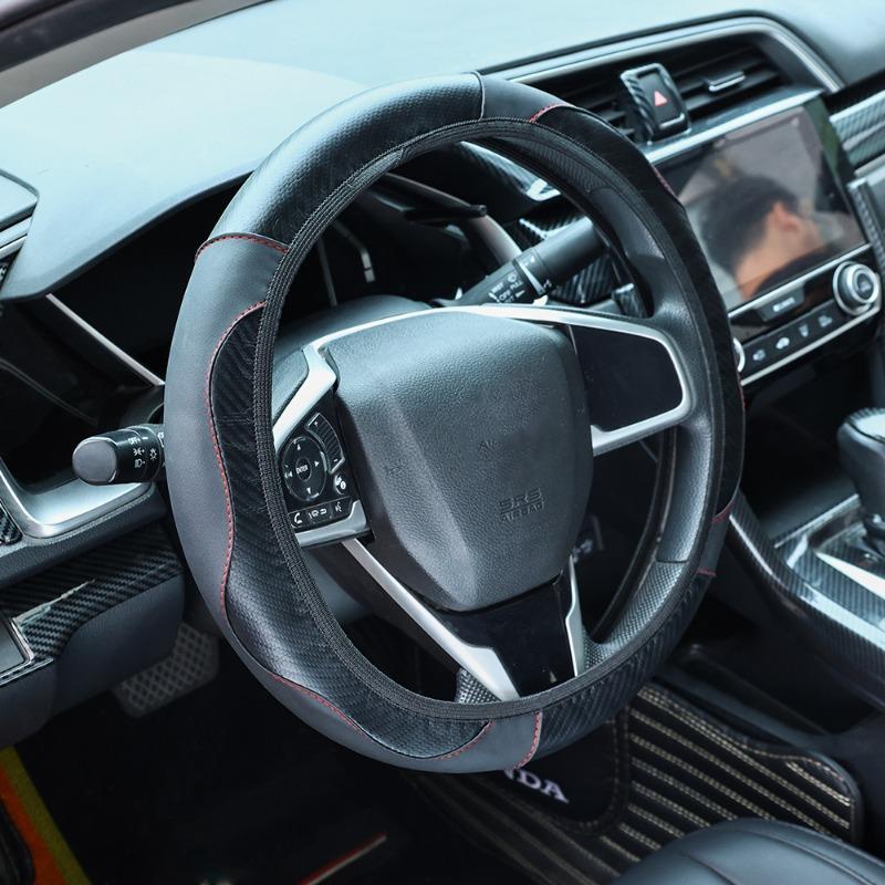 Coprivolante per auto 37-38 cm in pelle PU antiscivolo resistente al calore elastico coprivolante in fibra di carbonio accessori interni auto