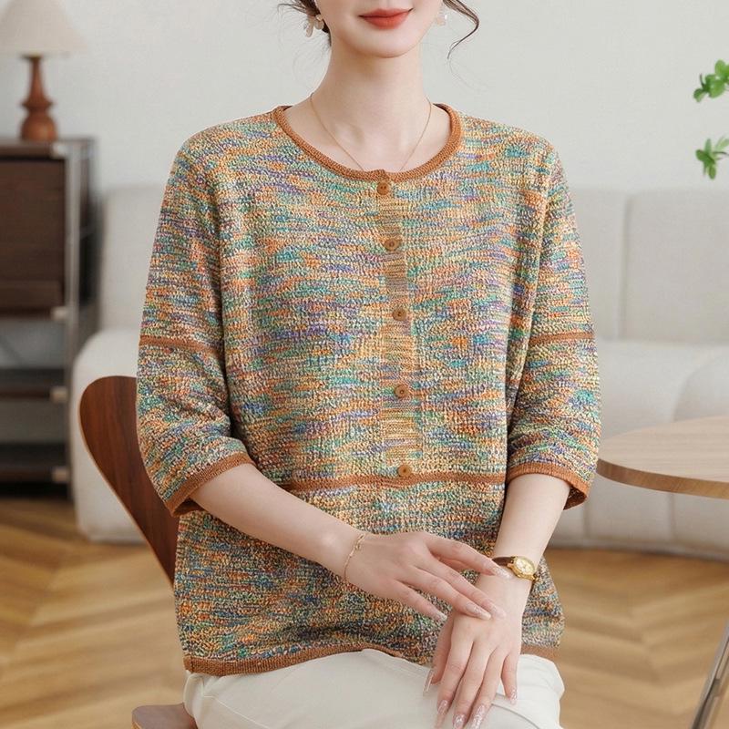 

Summer Women s Plus Size Loose Seven-Sleeve Knit Pullover Top 3XL (120-135 lbs) кофейный