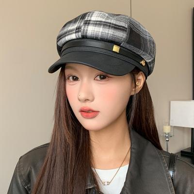 Plaid Duck Bill Octagonal Hat for Women In Autumn and Winter Sunshade Face Showing Newsboy Hat Versatile British Style Versatile Beret