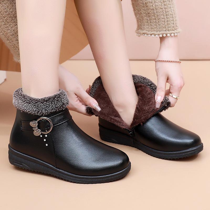 Warm Elderly Cotton Shoes Women's Winter Shoes Fleece Non-slip Flat Sole Soft Sole Comfortable Leather Shoes Lightweight