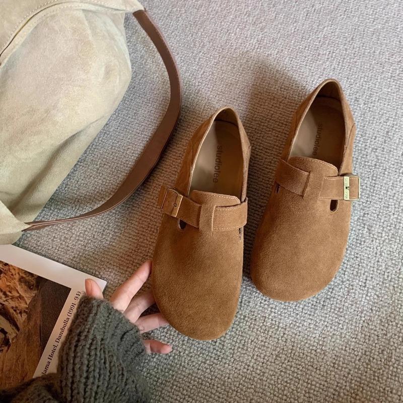 Sheepskin Genuine Leather Retro Women's One-pedal Heel Buckle Women's Flat-bottomed Lazy Single Shoes
