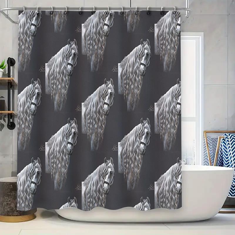 

Elegant Horse Shower Curtain Black And White Equestrian Art Bathroom Decor Stallion Print Washroom Curtains Modern Farmhouse Sty W60H190(CM)-1 Pcs