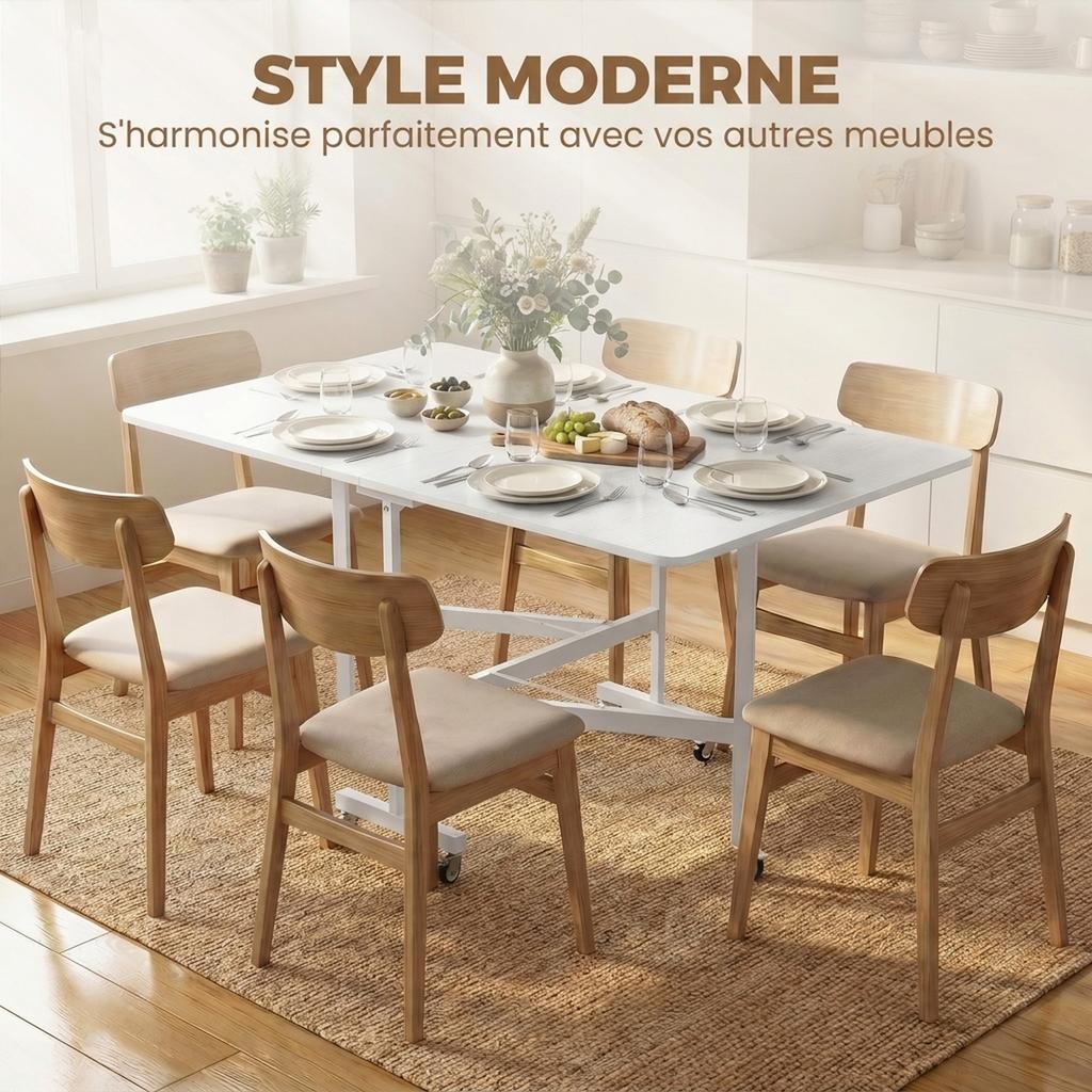 Folding Dining Table on Wheels, 4-6 People, 120 cm, Braked Wheels, 2 Drop Leaves, Industrial, White