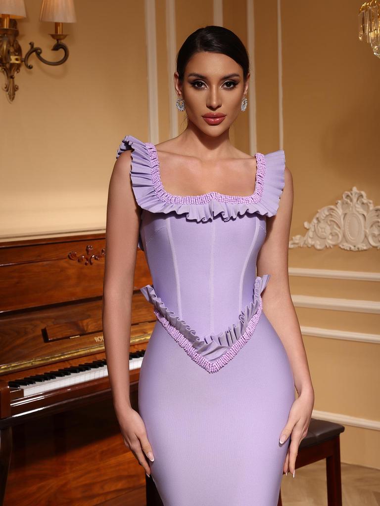 Purple Beaded Bandage Evening Dress - Sleeveless Socialite Style