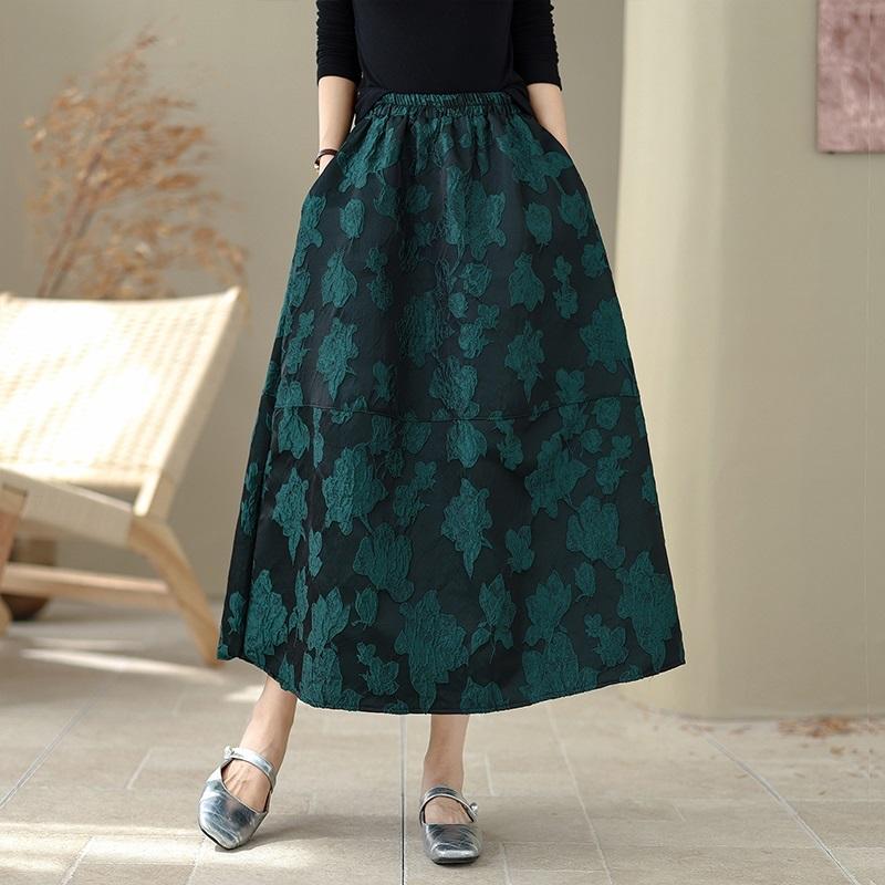 Plus Size Jacquard High Waist Vintage Floral Spring Autumn Casual Loose Long for Woman Skirts Womens Skirt