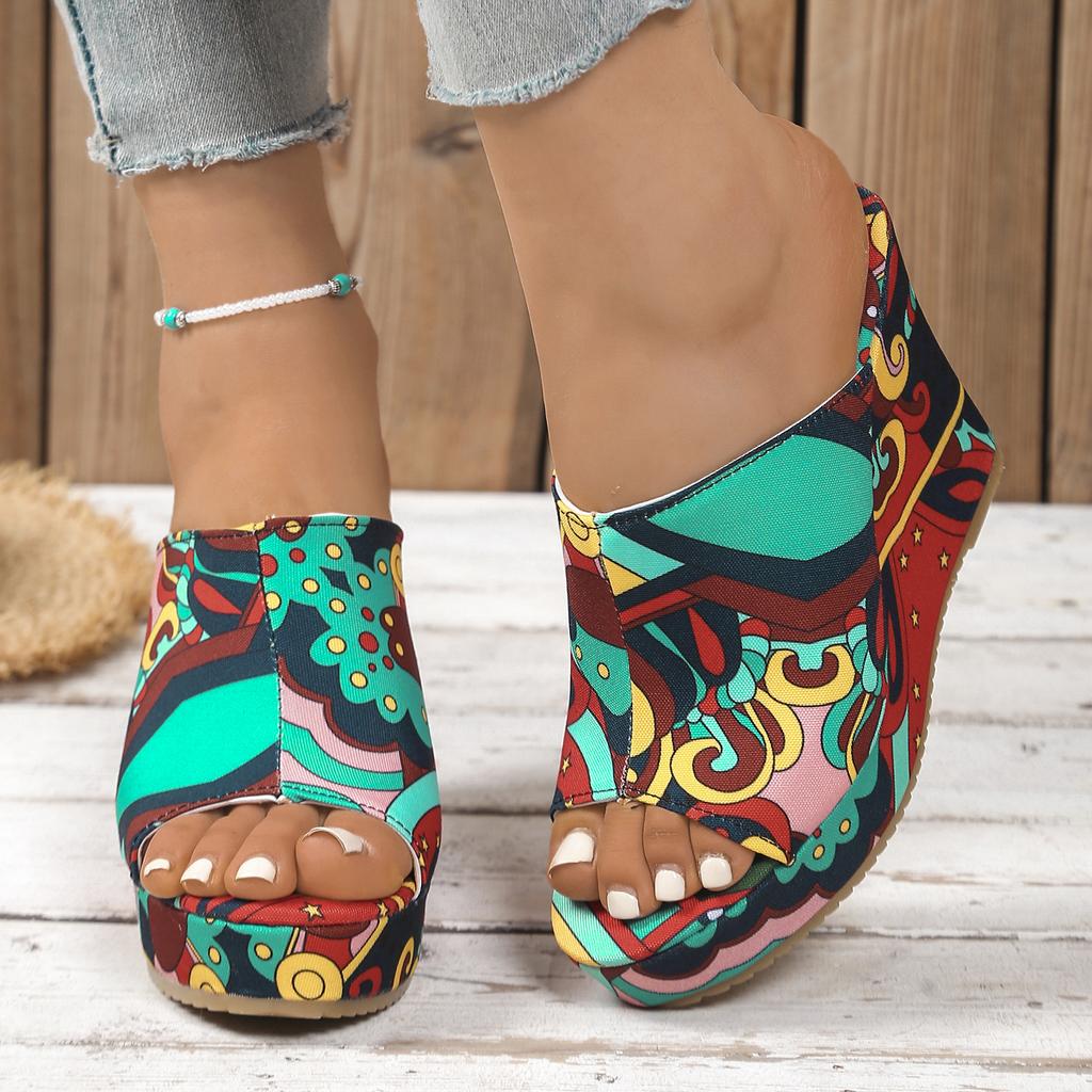 Modische Bunte Graffiti Damen Keilsandalen Sommer Peeptoe Plateau Schuhe Frau Mode Dicke Sohle Strandsandalen Zapatos De Mujer
