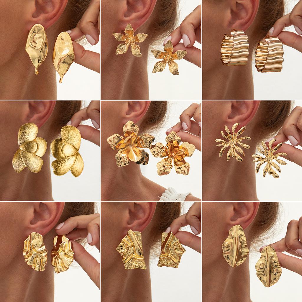 Wind Liquid Metal Pleated Flower Stud Earrings, Design Sense Leaf Petal Earrings