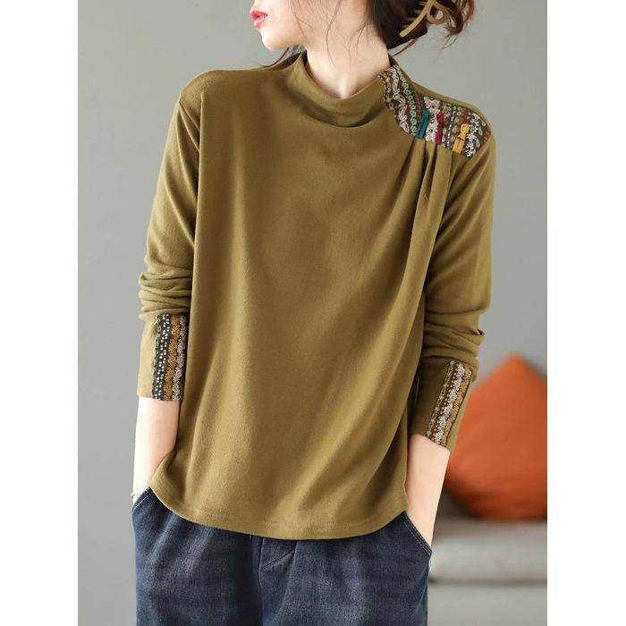 Double-sided Fleece Pullover Top Text Women's Art Retro Ethnic Style Patch Base Shirt Long-sleeved Button T-shirt