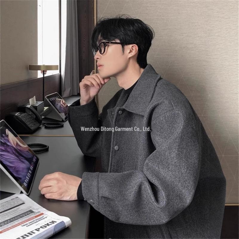 Men’s Gray Turn-Down Collar Wool Coat - Autumn Korean Style, Loose Fit