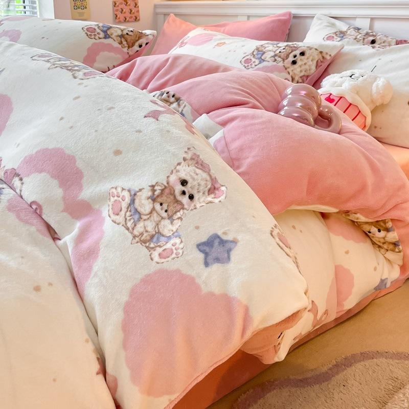 Thickened Milk Fleece Bed Four-Piece Coral Fleece Quilt Cover Double-Sided Flannel Fleece Bed Sheet Three-Piece Set