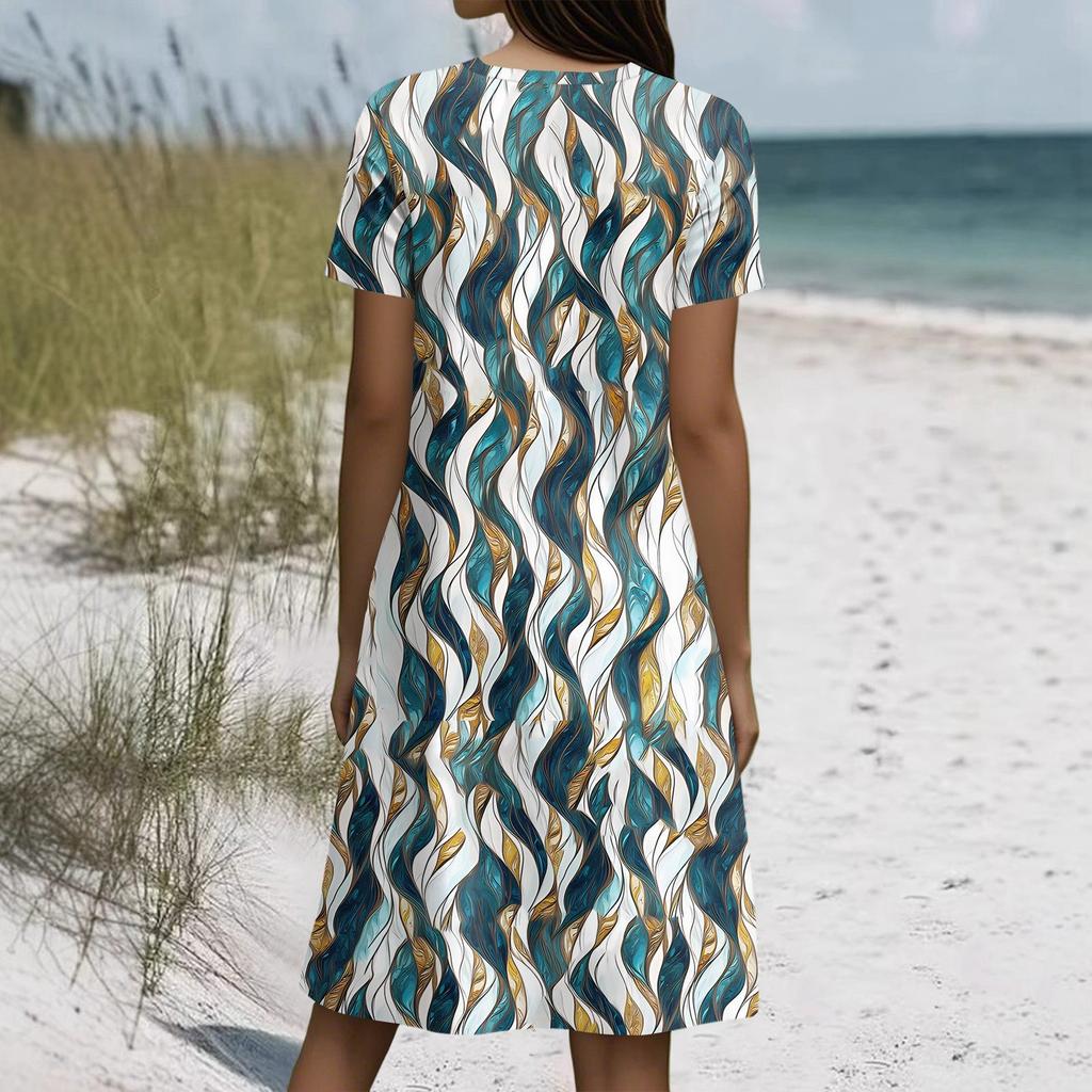 Short Sleeve Boho Dress For Women Casual Loose Fit Sundress Print Round Neck Dress With Pockets