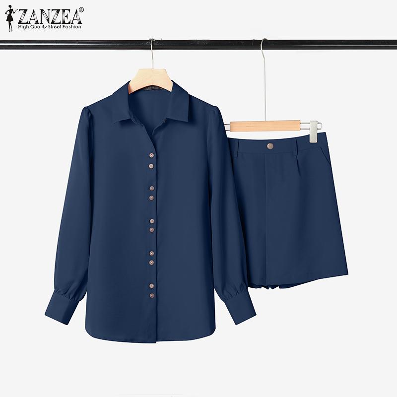 ZANZEA Women Long Sleeve Blouse and Shorts Casual Two Piece Suit Sets