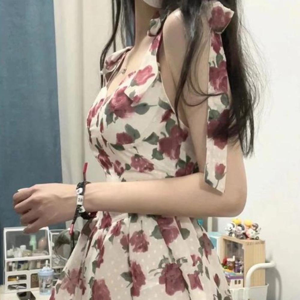 Ruffle Floral Dress Women Rose Sling Strap Sundress French Style Mini Sleeveless Dress Lolita