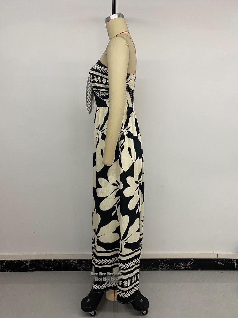 New Summer Sleeveless Printed Bandeau Jumpsuit with Bowknot for Women